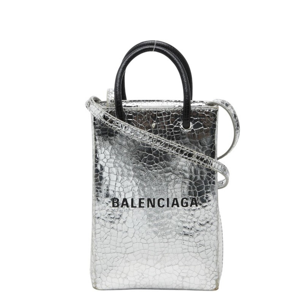 Balenciaga Shopping Phone Holder Handbag Shoulder Bag 593826 Silver Black Lea...